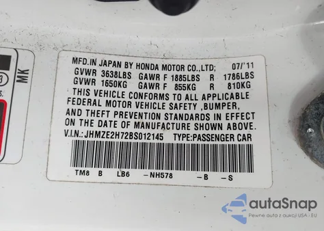 2011 Honda Insight Ex z USA, uszkodzony, nr VIN JHMZE2H72BS012145